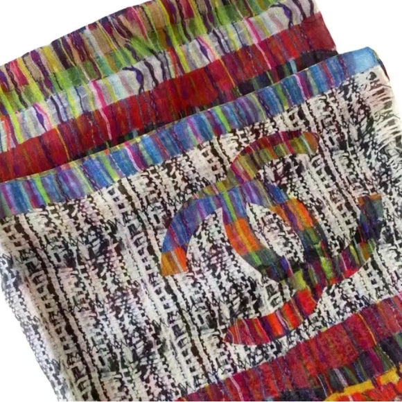 Auth Chanel Multicolor Cashmere Modal Silk Blend Striped Wrap Shawl Stole Scarf - Picture 11 of 15